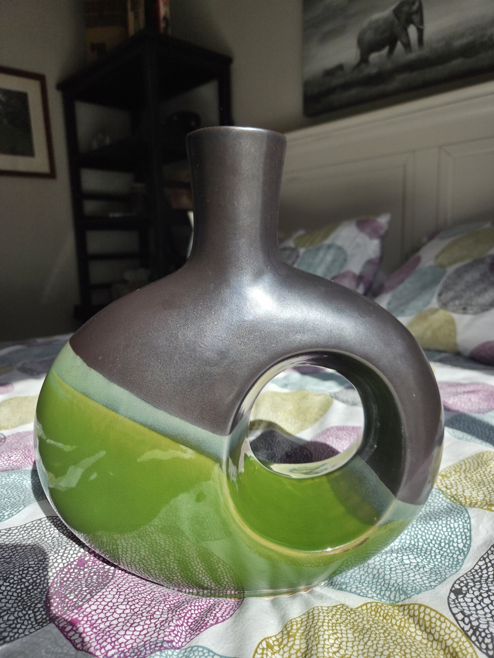 Pier 1 Two-Tone Green and Charcoal Ceramic Hole Vase